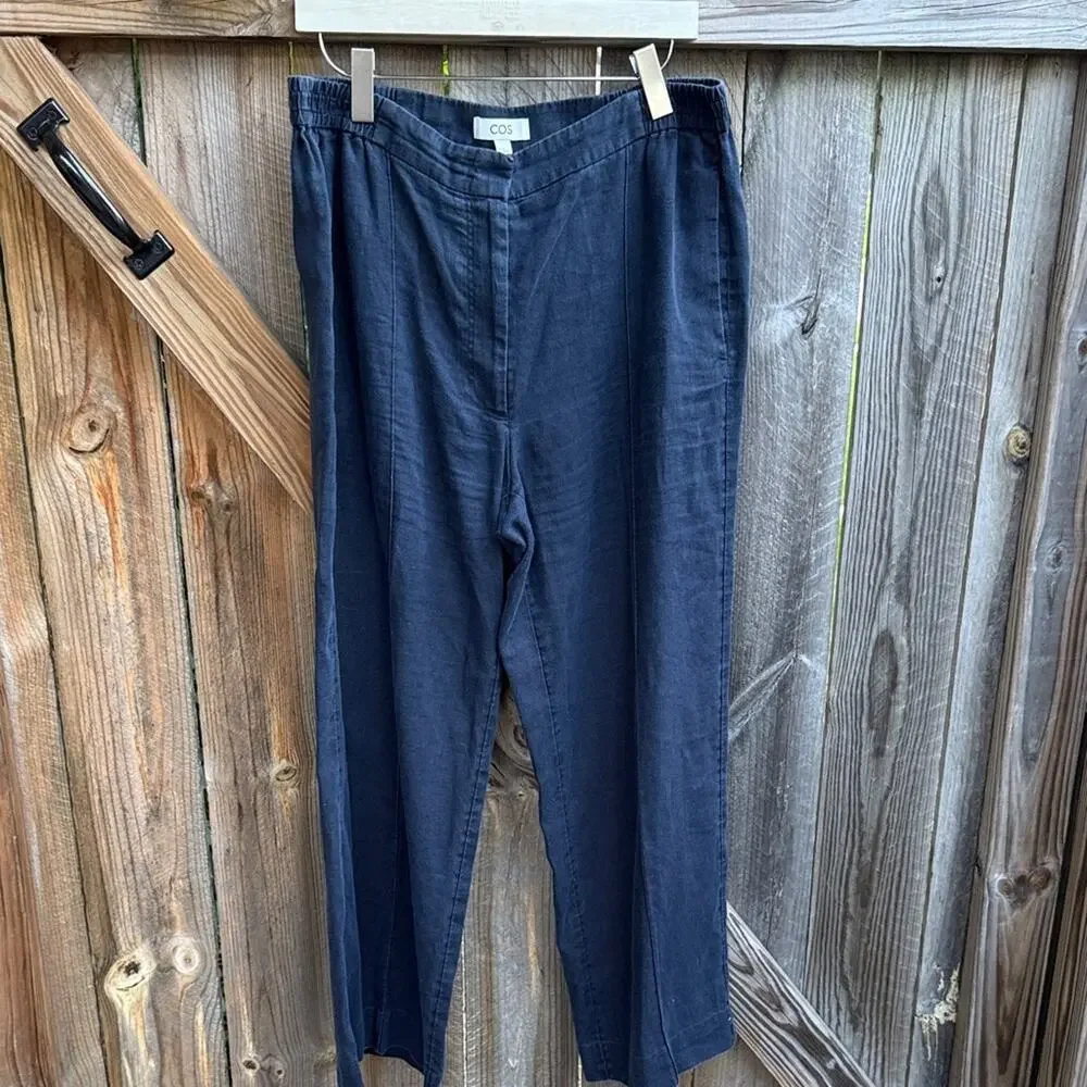 COS LINEN WIDE-LEG TROUSERS Navy Blue EU 42 US 10